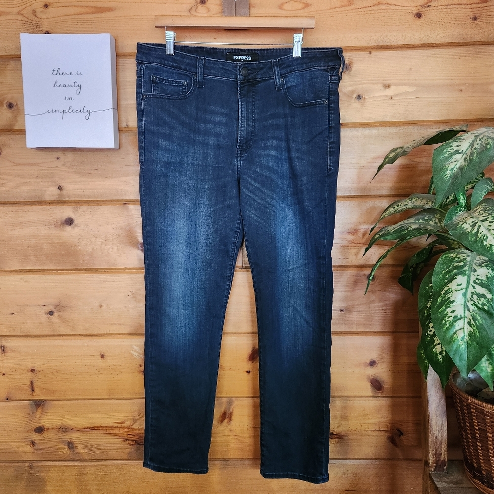 Express Slim Fit Straight Leg Jeans Hyper Stretch Denim Dark Wash Sz 34(36) X29"